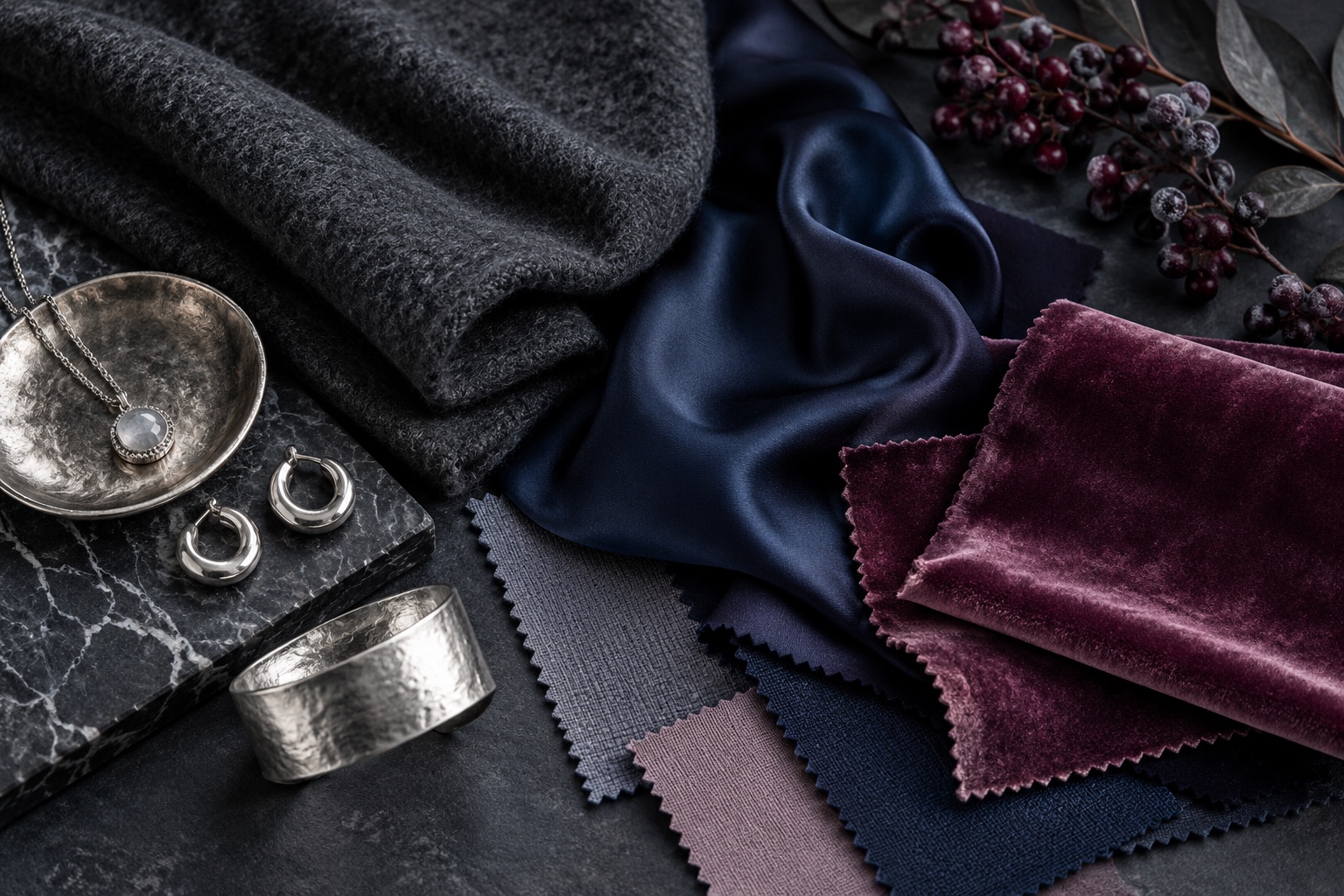 Soft Winter mood board with charcoal wool, midnight navy silk, frosted berry velvet, and silver accessories