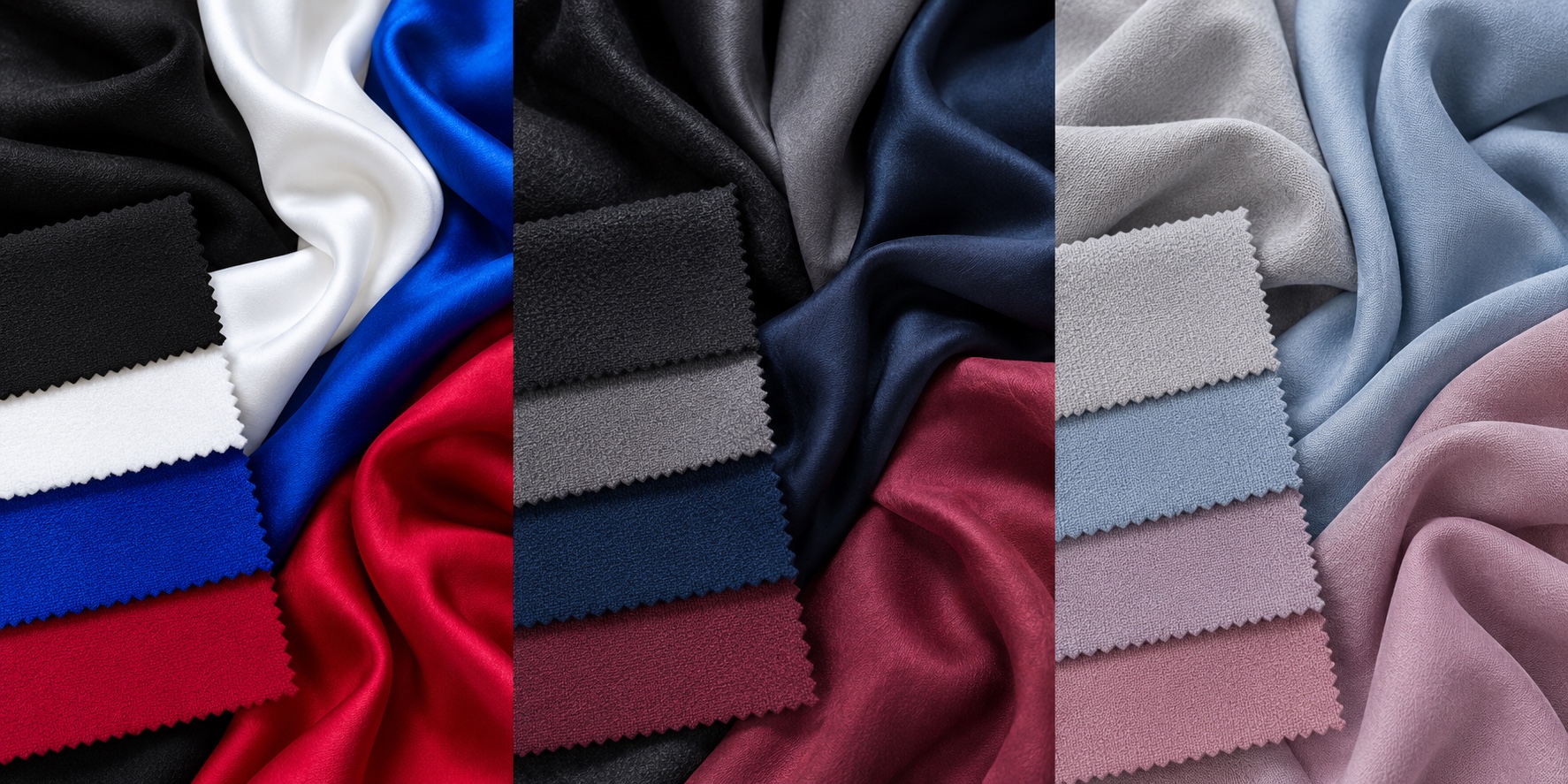 Fabric comparison of clear high contrast True Winter, deep muted Soft Winter, and lighter dusty Soft Summer palettes
