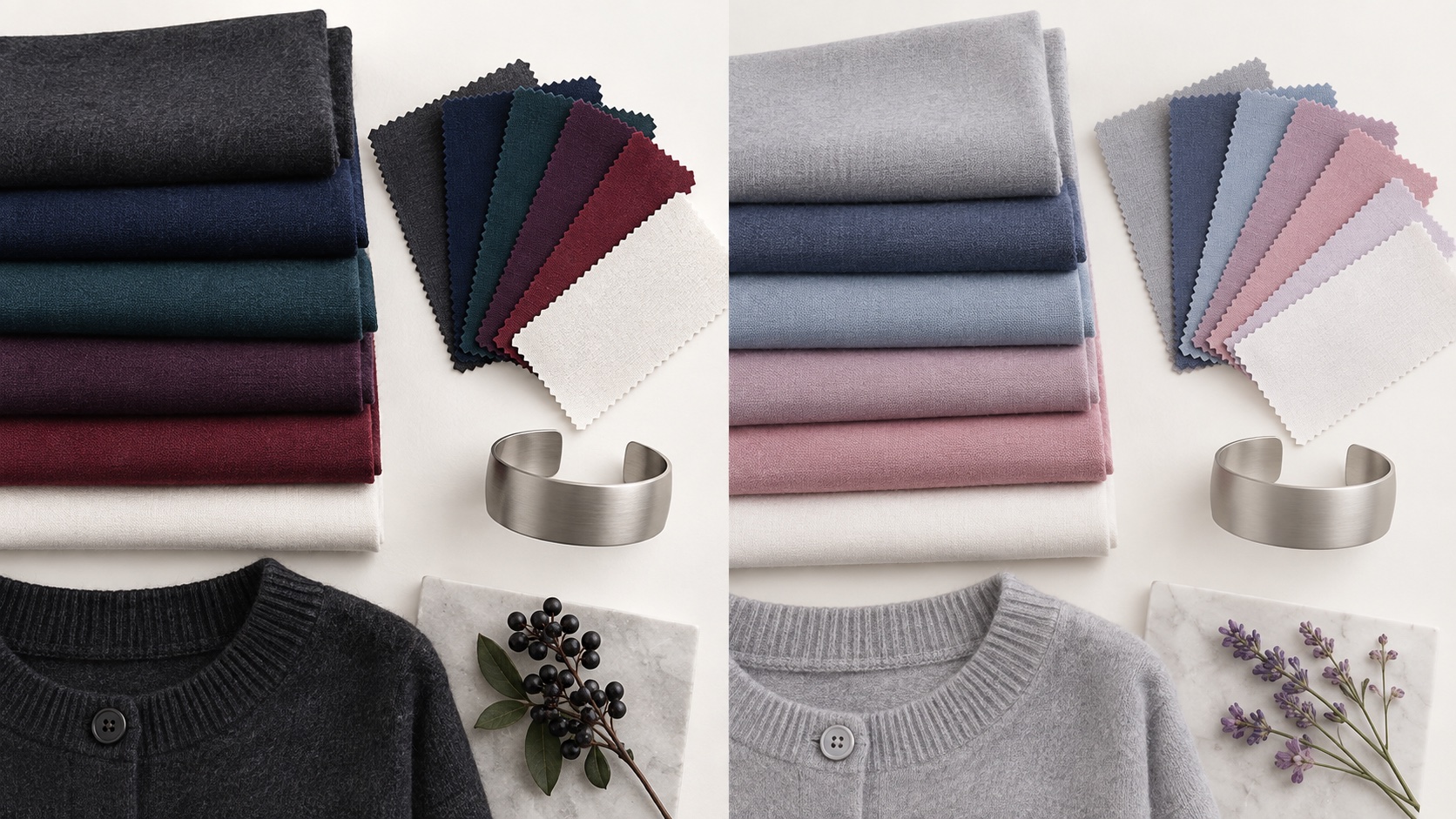 Side-by-side fabric palettes with deeper charcoal navy teal and berry for Soft Winter and lighter gray dusty blue mauve and rose for Soft Summer