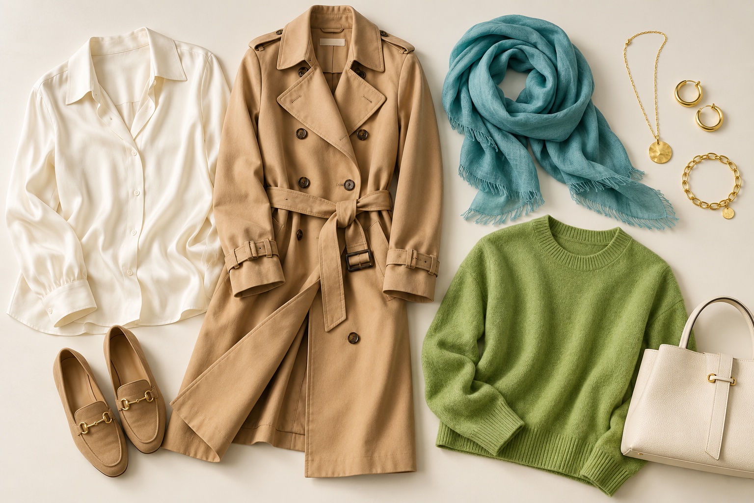 Flatlay of cream silk blouse, camel trench, turquoise scarf, apple-green knit, gold jewelry, and warm neutral accessories