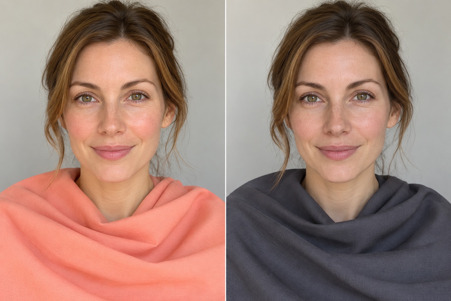 Same woman shown side by side in a warm peach drape and a cold dusty charcoal drape under similar light
