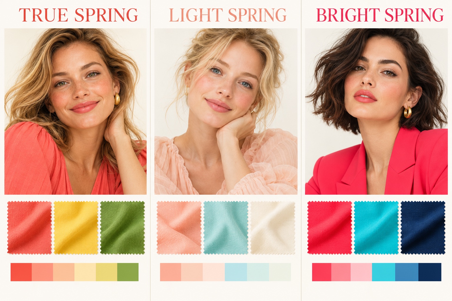 Three labeled panels for True, Light, and Bright Spring, each with a portrait, fabric swatches, and a color gradient