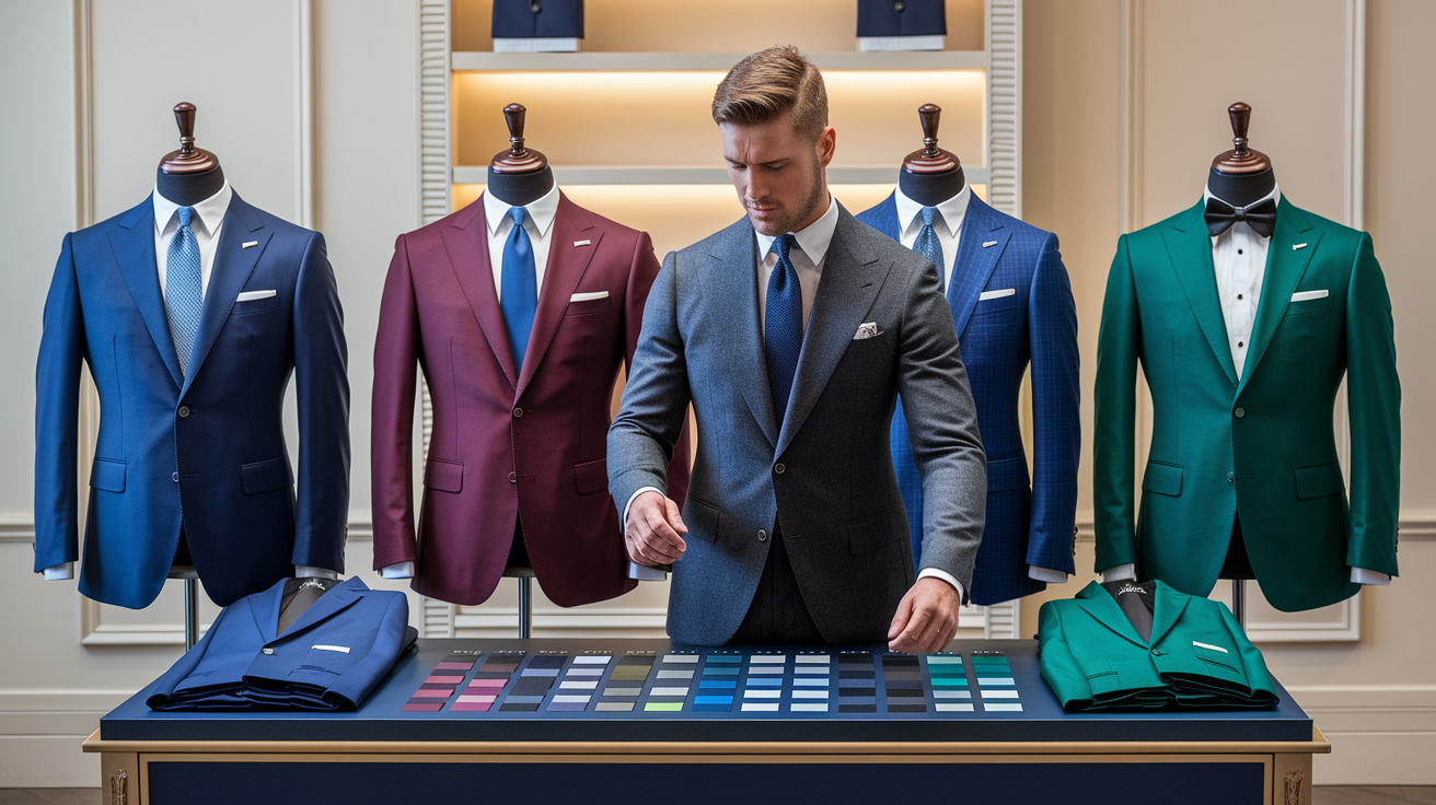 Guide to selecting suit colors based on occasion including business, weddings, and casual events