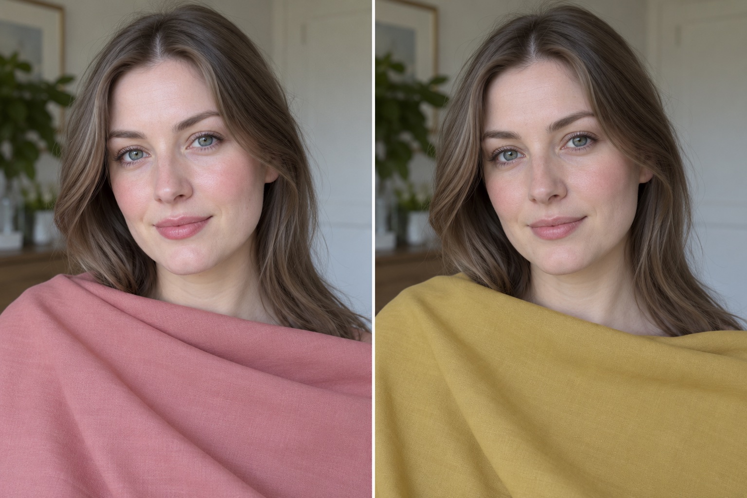 Same woman in daylight with dusty-rose fabric beside her face on the left and mustard-yellow fabric on the right