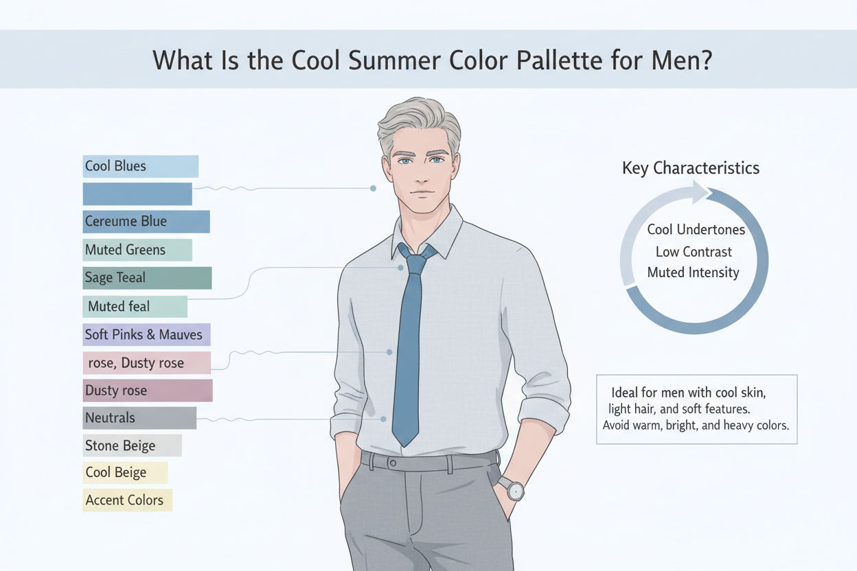 Soft Summer menswear palette with soft navy dusty blue sage rose brown and cool gray