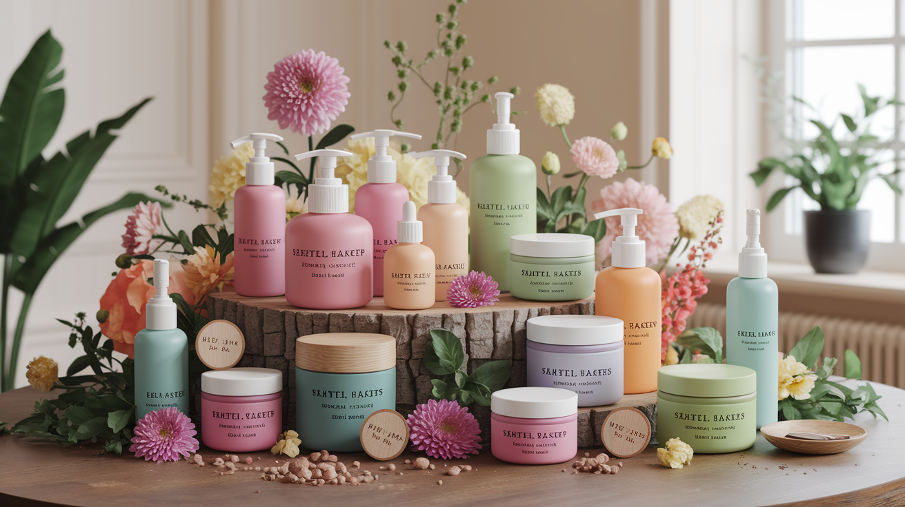 Sustainable makeup products showing eco-friendly packaging and seasonal color palettes