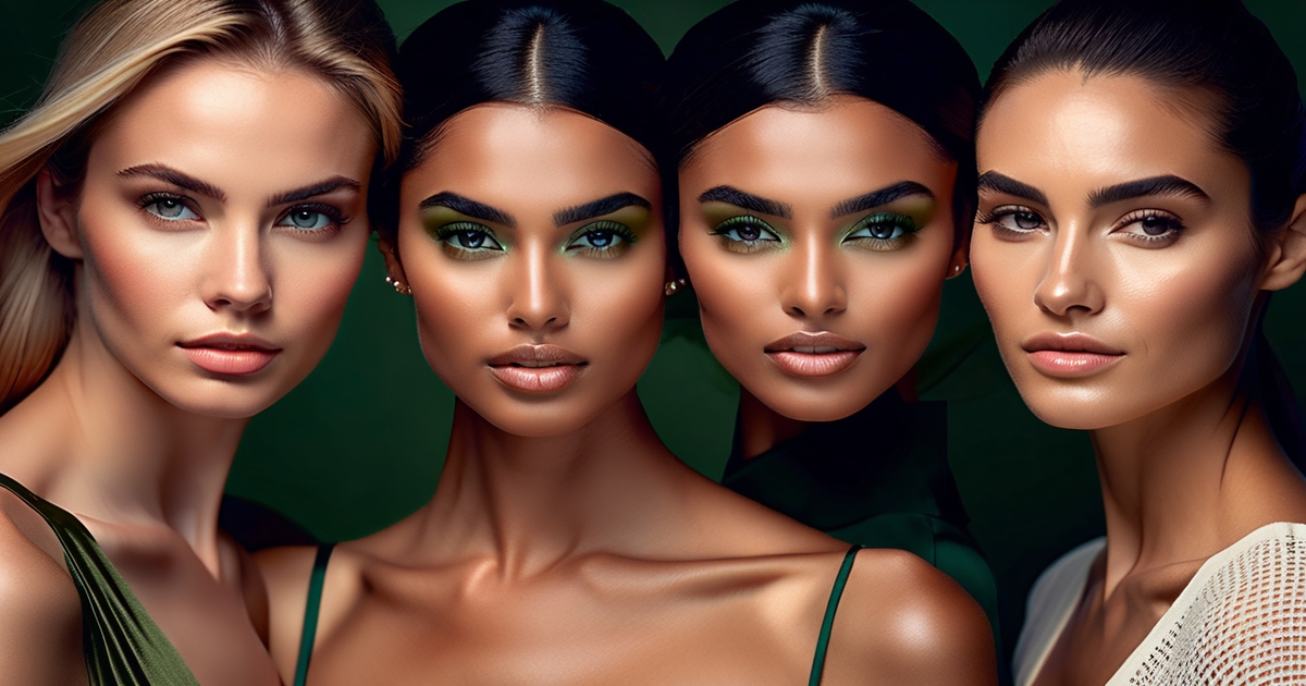 Three women showcasing different olive skin tone portraits