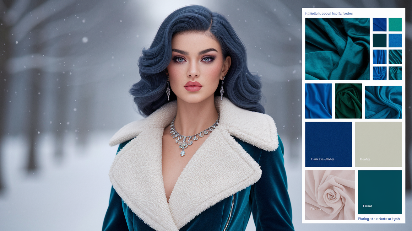 Complete true winter styling look with hair, makeup, jewelry, and wardrobe coordination