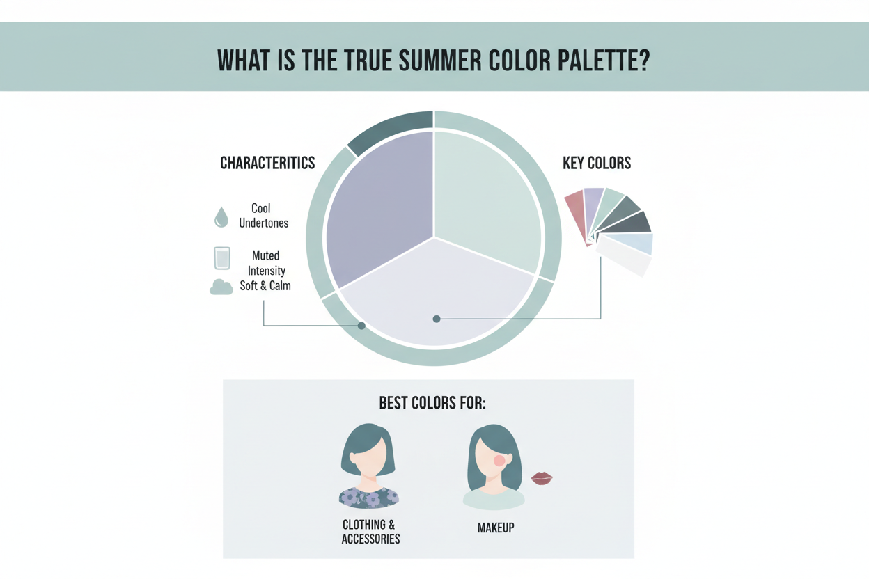 True Summer palette with cool blue, dusty rose, muted berry, lavender, and soft gray color swatches