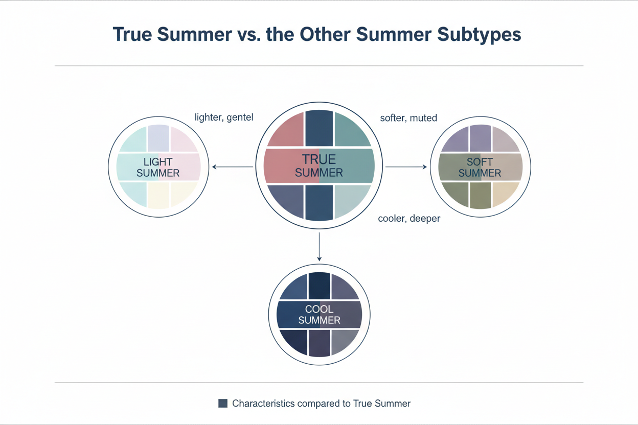 True Summer Color Palette Guide section visual for True Summer vs. the Other Summer Subtypes