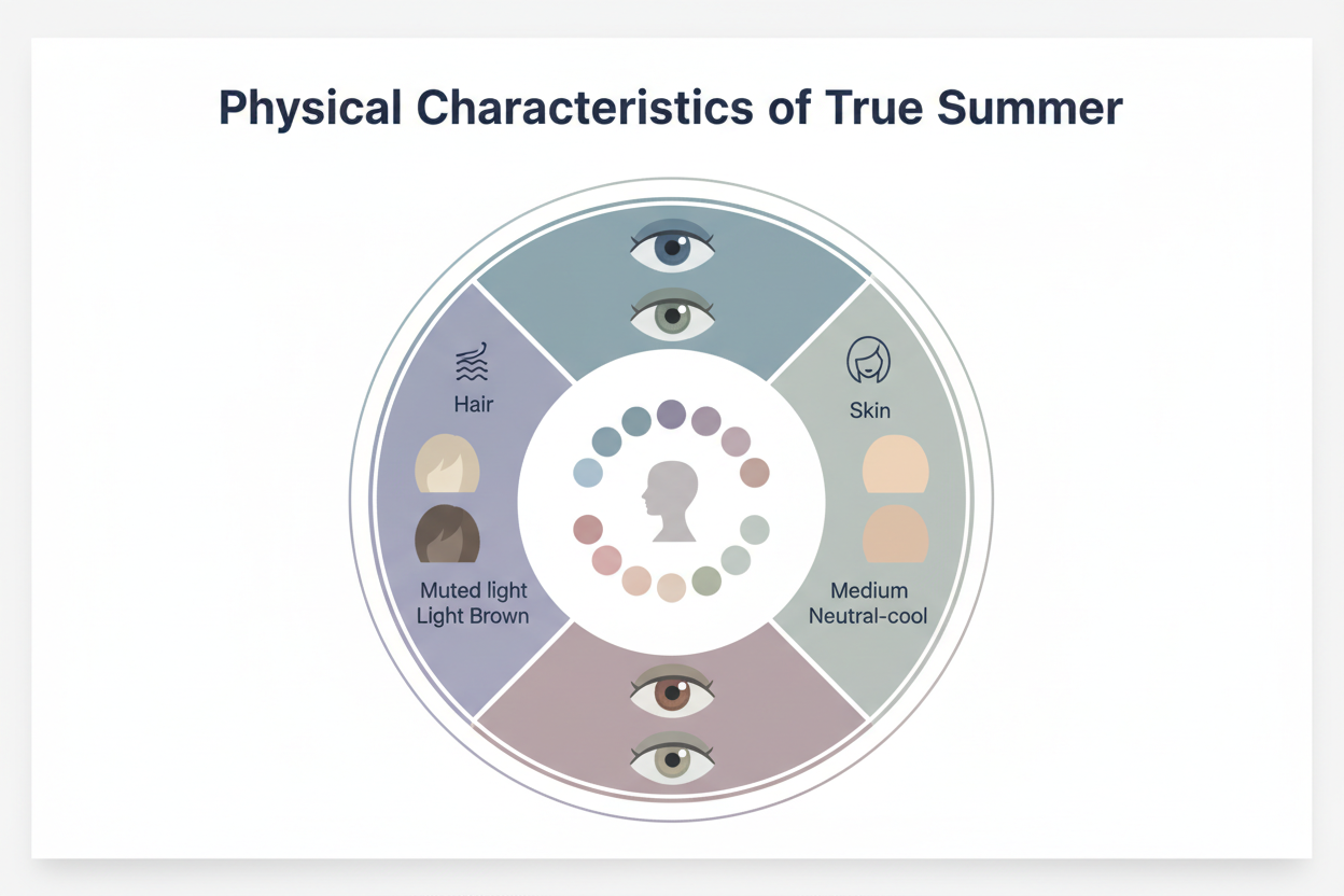 True Summer Color Palette Guide section visual for Physical Characteristics of True Summer