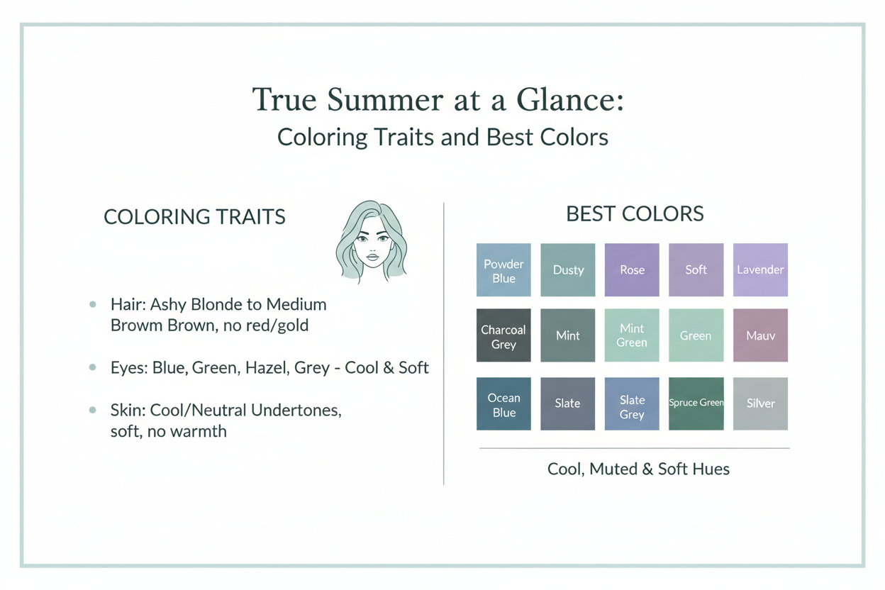 True Summer vs Light Summer section visual for True Summer at a Glance: Coloring Traits and Best Colors