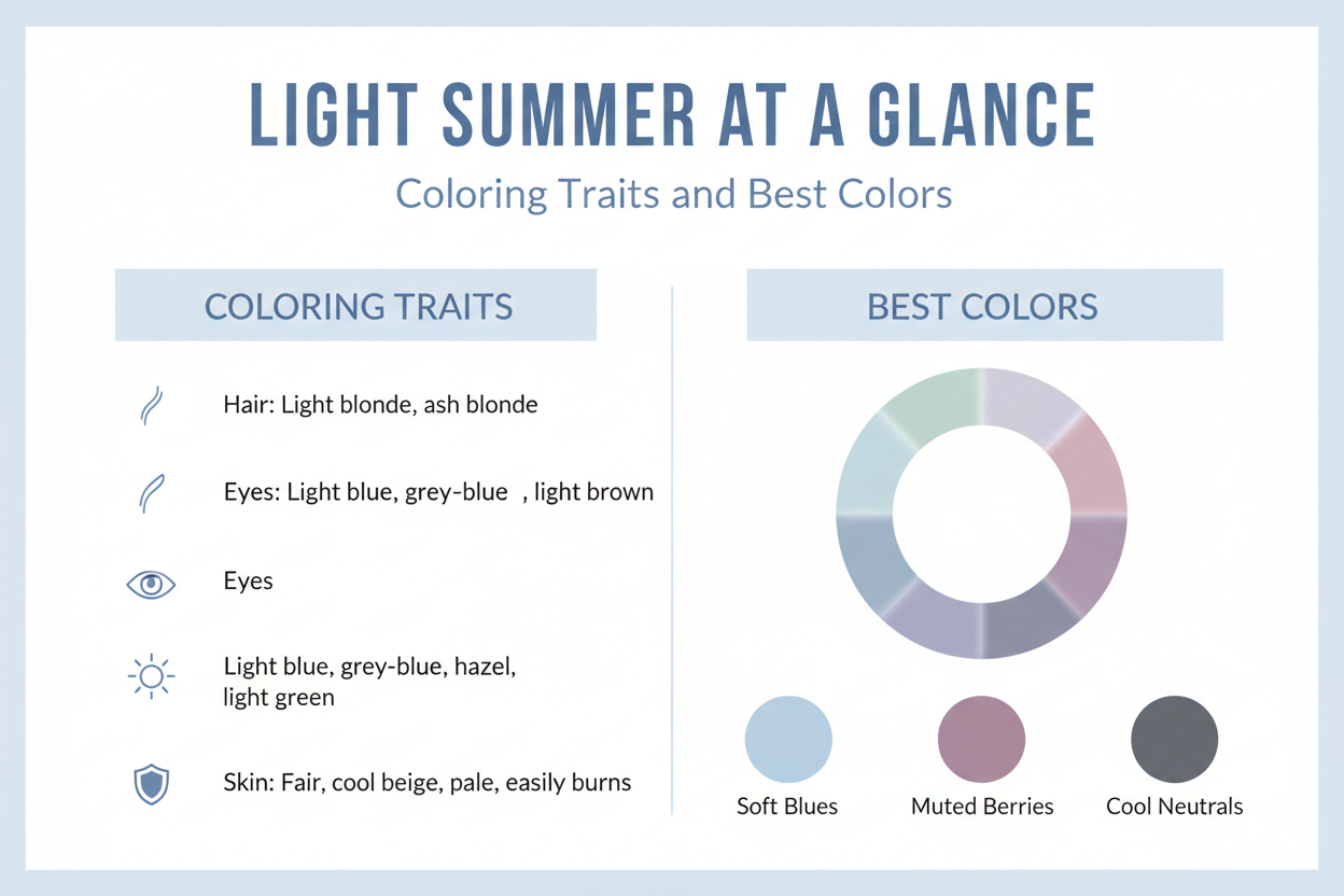 True Summer vs Light Summer section visual for Light Summer at a Glance: Coloring Traits and Best Colors
