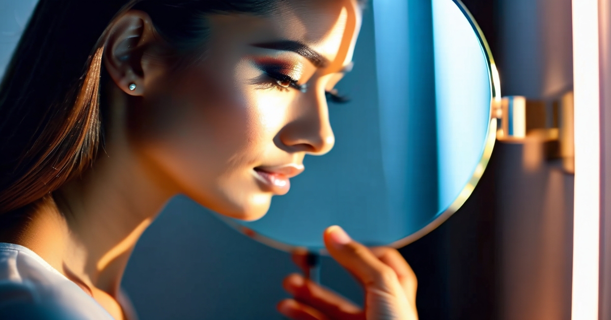 Realistic woman gazing into handheld mirror demonstrating season identification techniques