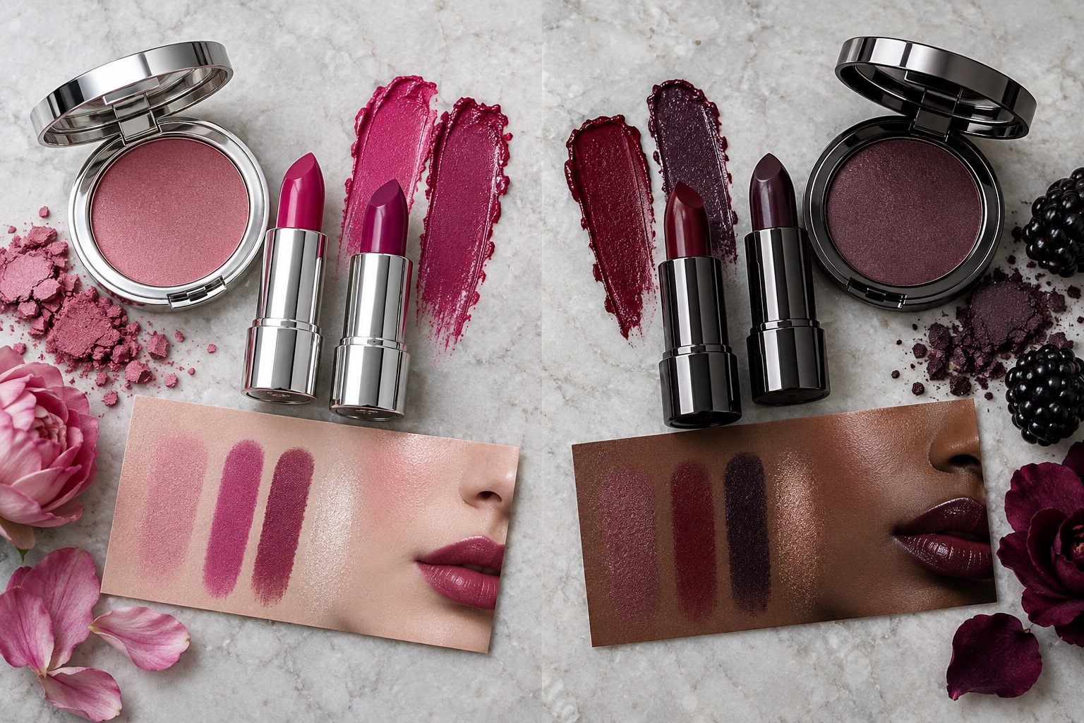 Makeup flatlay contrasts vivid cool fuchsia and berry lipstick with deep wine and blackberry swatches on varied skin tones