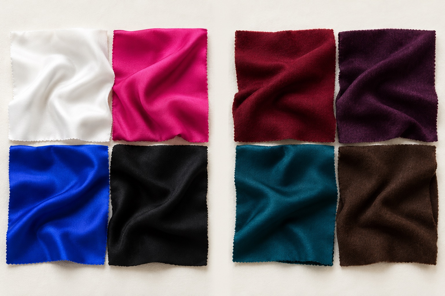 Two fabric groups compare optical white, fuchsia, electric blue, and black with oxblood, blackberry, deep teal, and dark brown