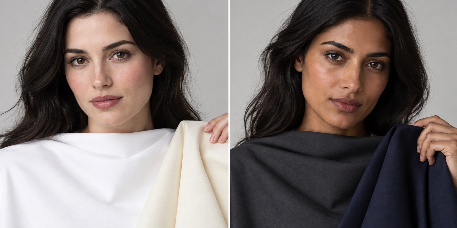Fictional models compare an optical white neckline with a deep charcoal and blackened navy neckline in neutral daylight
