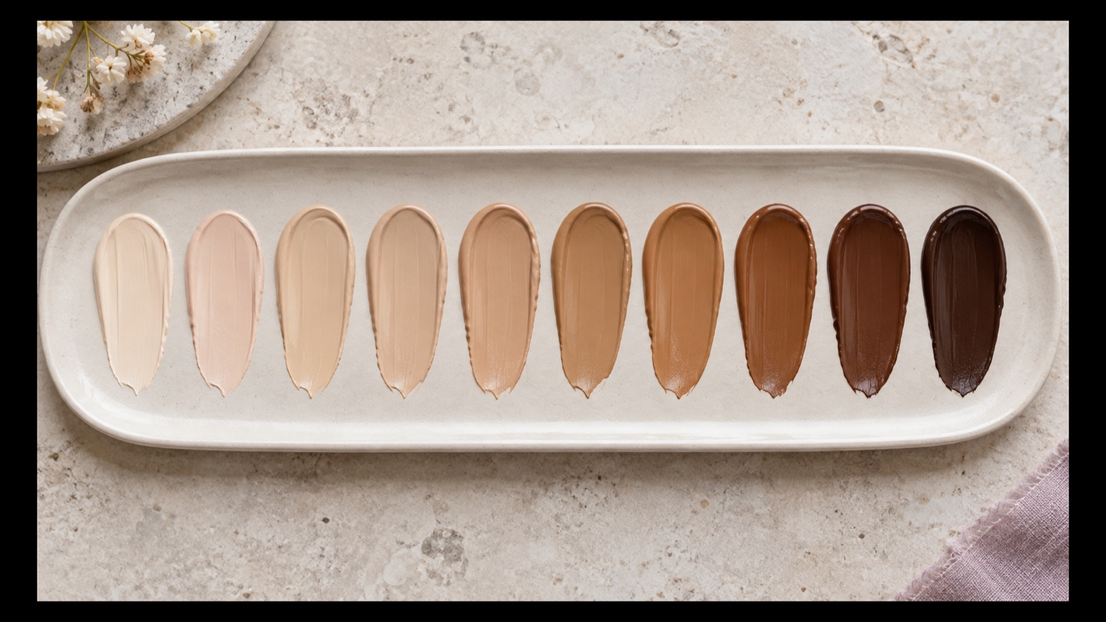 Ten unbranded complexion swatches arranged from very fair through very deep