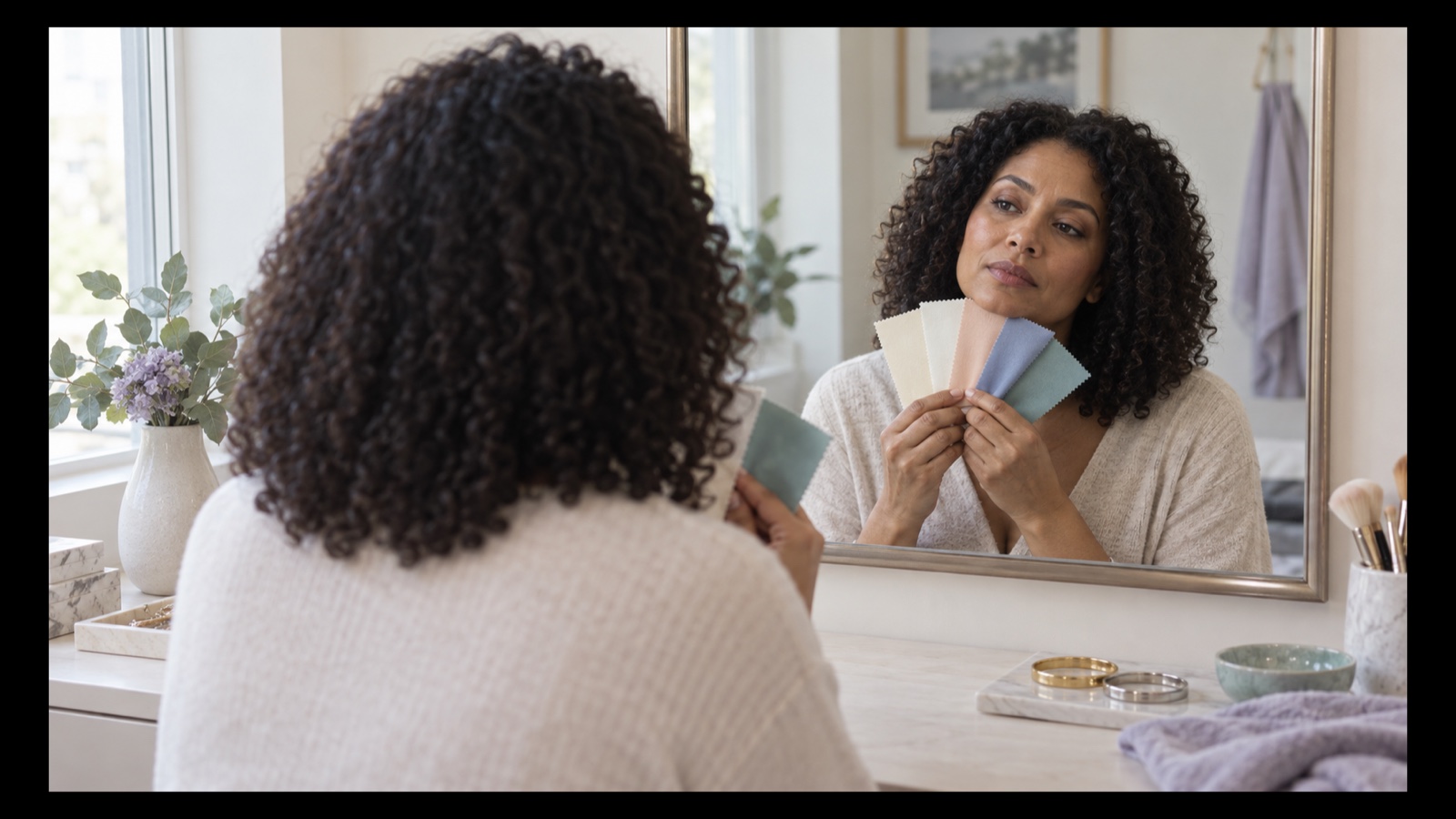 Woman comparing cream, white, peach, blue, and teal fabric swatches under neutral window light