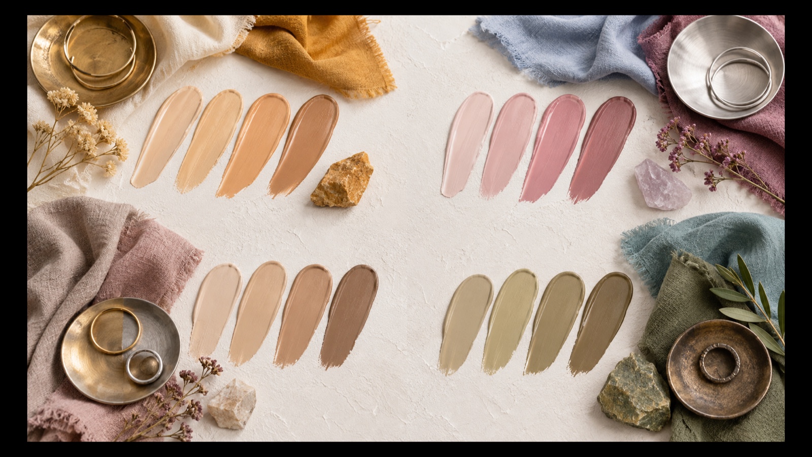 Four groups of complexion swatches and fabrics illustrating warm, cool, neutral, and olive undertone directions