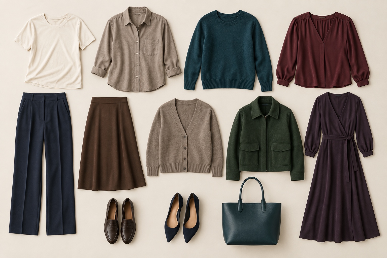 Twelve-piece capsule wardrobe for olive skin in ivory taupe cocoa navy teal burgundy aubergine and forest green