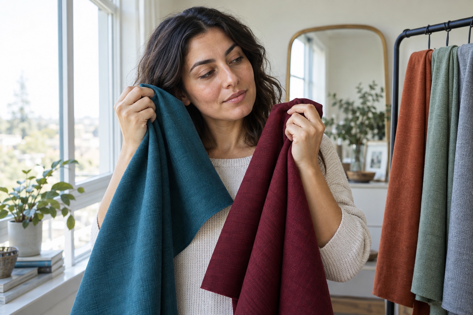 Woman with olive skin testing teal rust burgundy sage and gray drapes beside a bright window