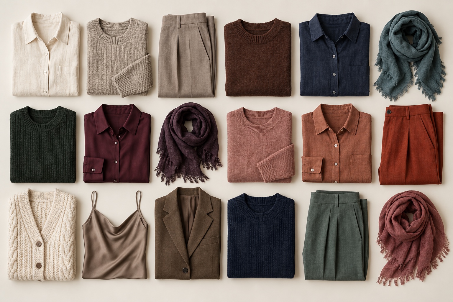 Organized wardrobe color matrix of olive skin neutrals greens blues reds purples and warm accents