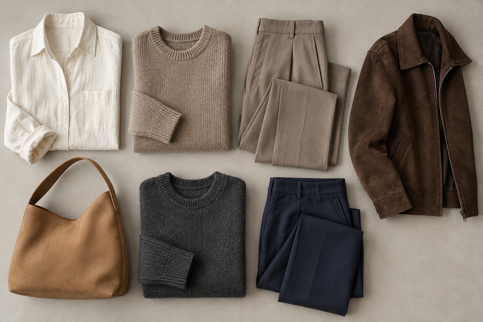 Olive skin neutral wardrobe pieces in ivory mushroom taupe camel cocoa charcoal and softened navy