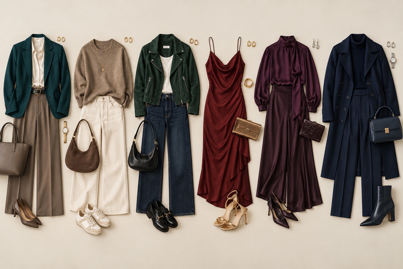 Six olive skin outfit formulas in teal ivory cocoa burgundy navy aubergine and olive green