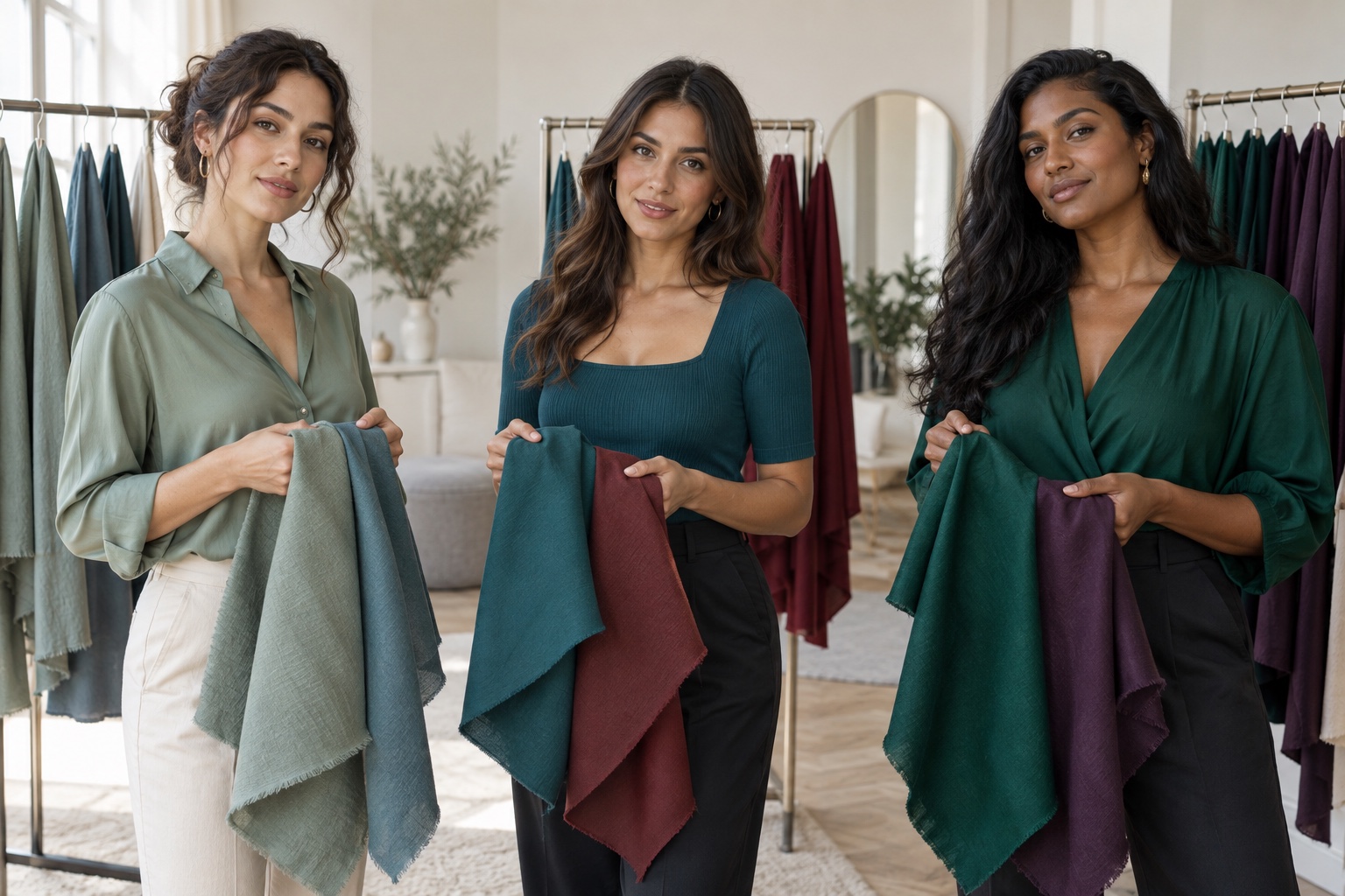 Three women with light medium and deep olive skin comparing muted and saturated clothing colors