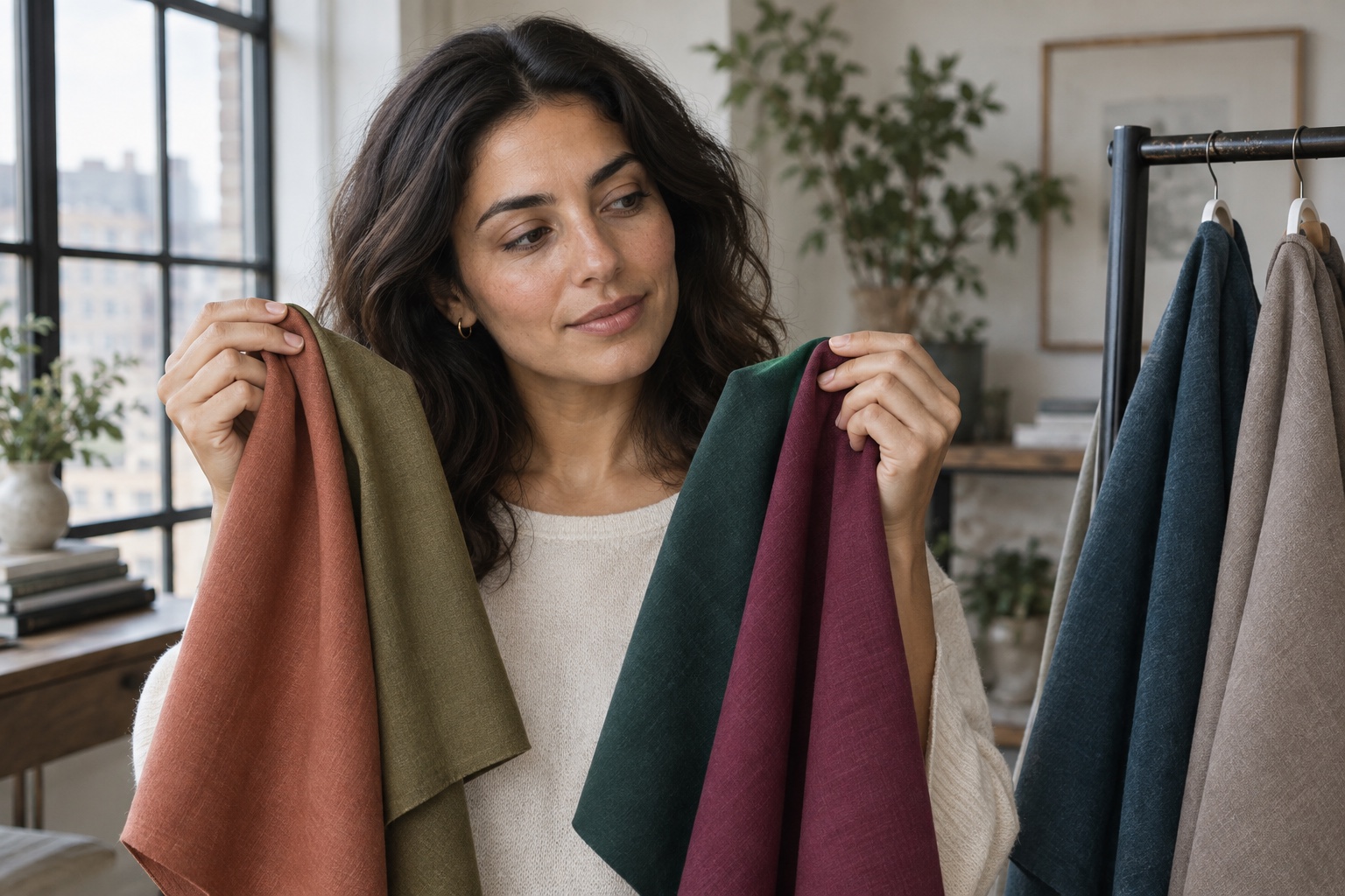 Olive-skinned woman comparing warm cool and neutral fabric swatches beside her face in daylight