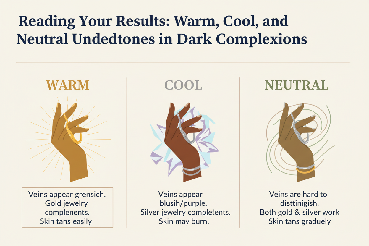 Undertone Test for Dark Skin section visual for Reading Your Results: Warm, Cool, and Neutral Undertones in Dark Complexions