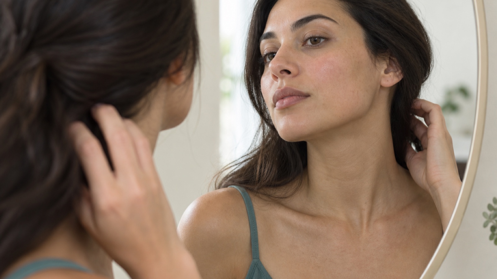 Woman moving dark hair away from her face while checking the color across her cheek jaw neck and chest in a daylight mirror