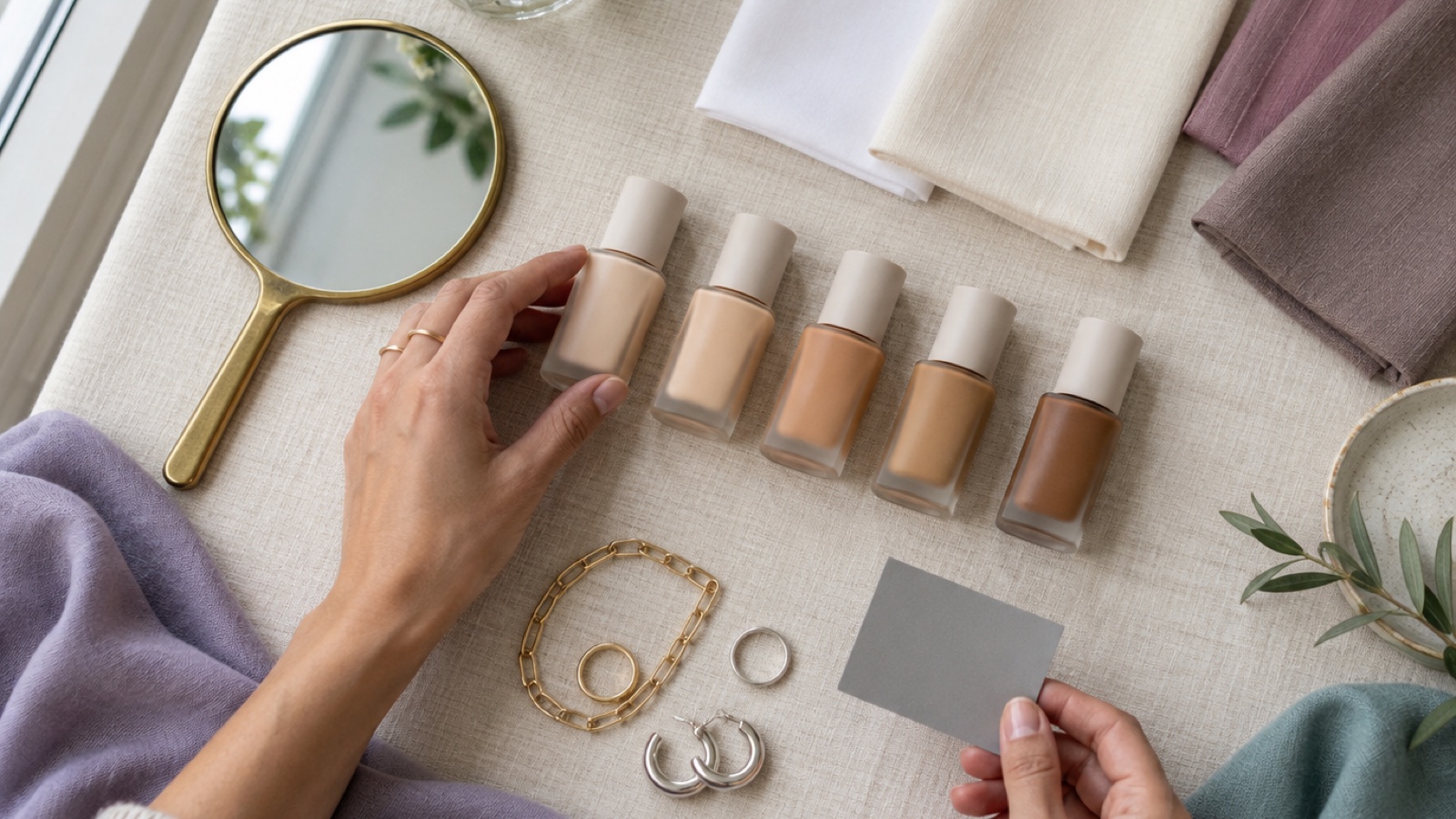 Olive skin tone test materials including unbranded foundation bottles white ivory taupe rose and teal fabrics gold and silver jewelry mirror and gray card