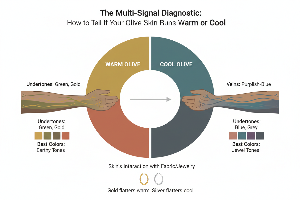 Undertone Test for Olive Skin section visual for The Multi-Signal Diagnostic: How to Tell If Your Olive Skin Runs Warm or Cool