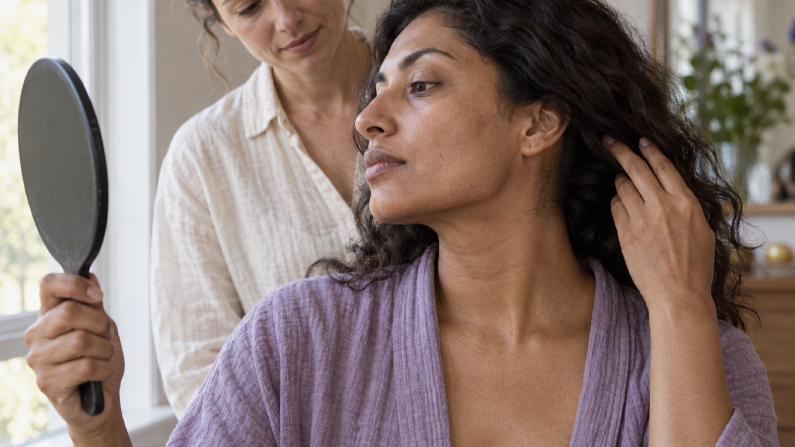 Woman with deep skin holding hair away from her jaw and neck while comparing those areas in a hand mirror beside a daylight window