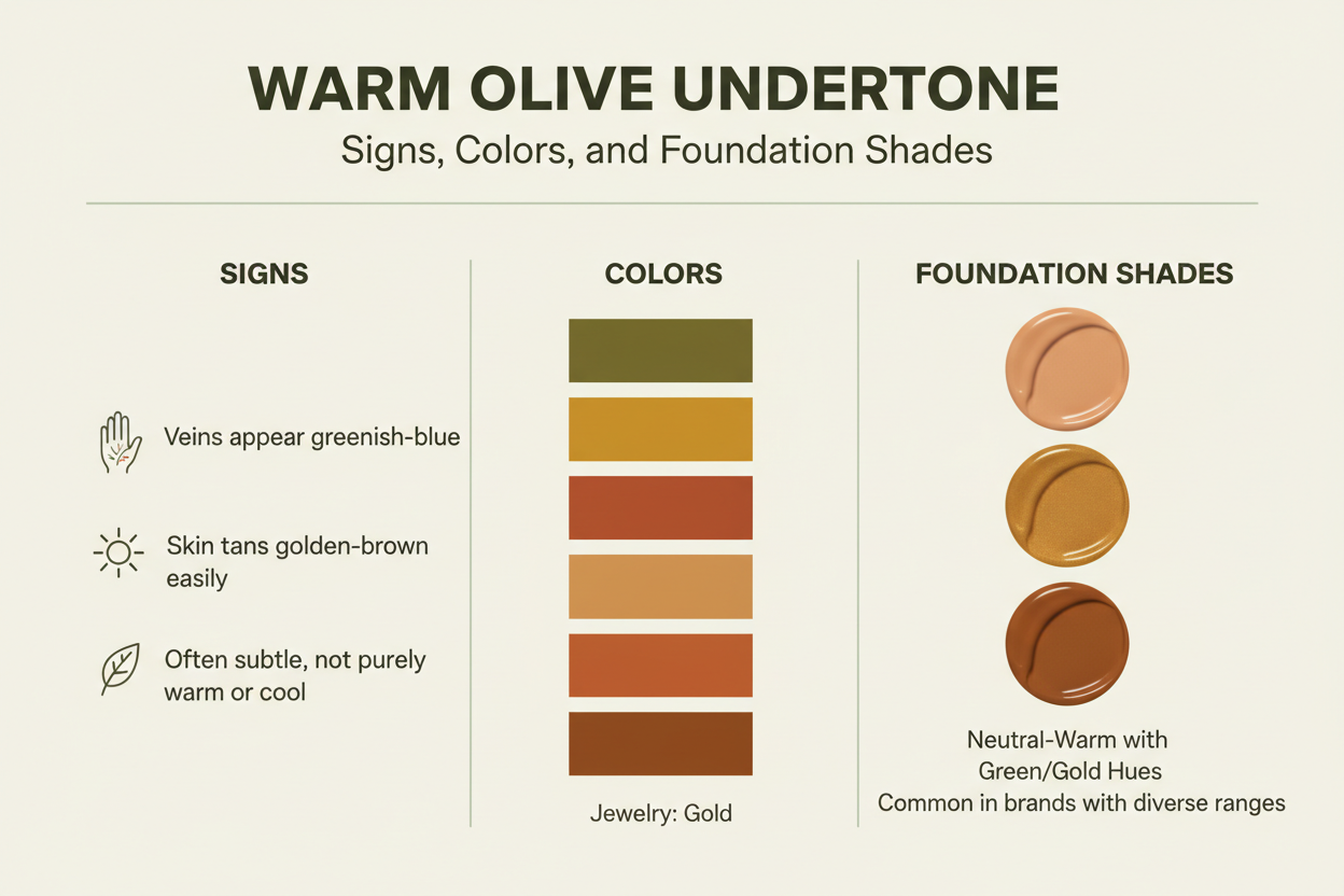 Undertone Test for Olive Skin section visual for Warm Olive Undertone: Signs, Colors, and Foundation Shades