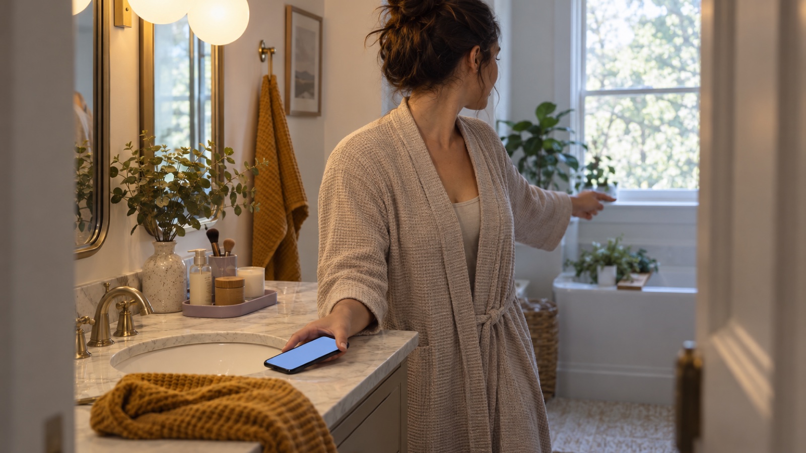 Woman setting down a phone at a warm-lit bathroom vanity and turning toward a neutral daylight window