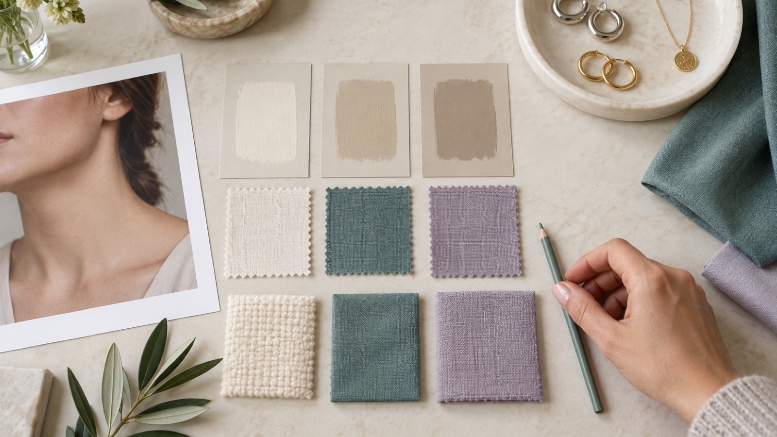 Organized olive skin testing board with portrait crop foundation samples white ivory teal and lavender fabrics gold and silver jewelry and green-gray pencil