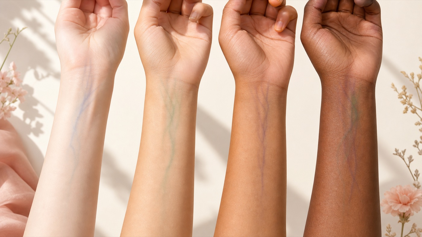 Four wrists with blue, green, purple, and mixed-looking veins across different skin depths