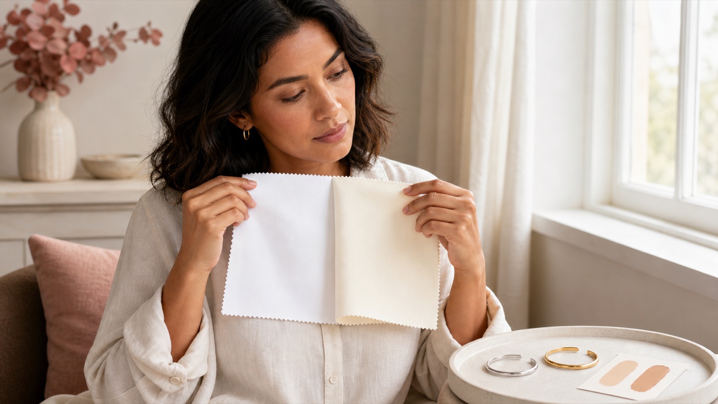 Person comparing cool white and warm ivory fabrics with silver, gold, and foundation swatches in daylight