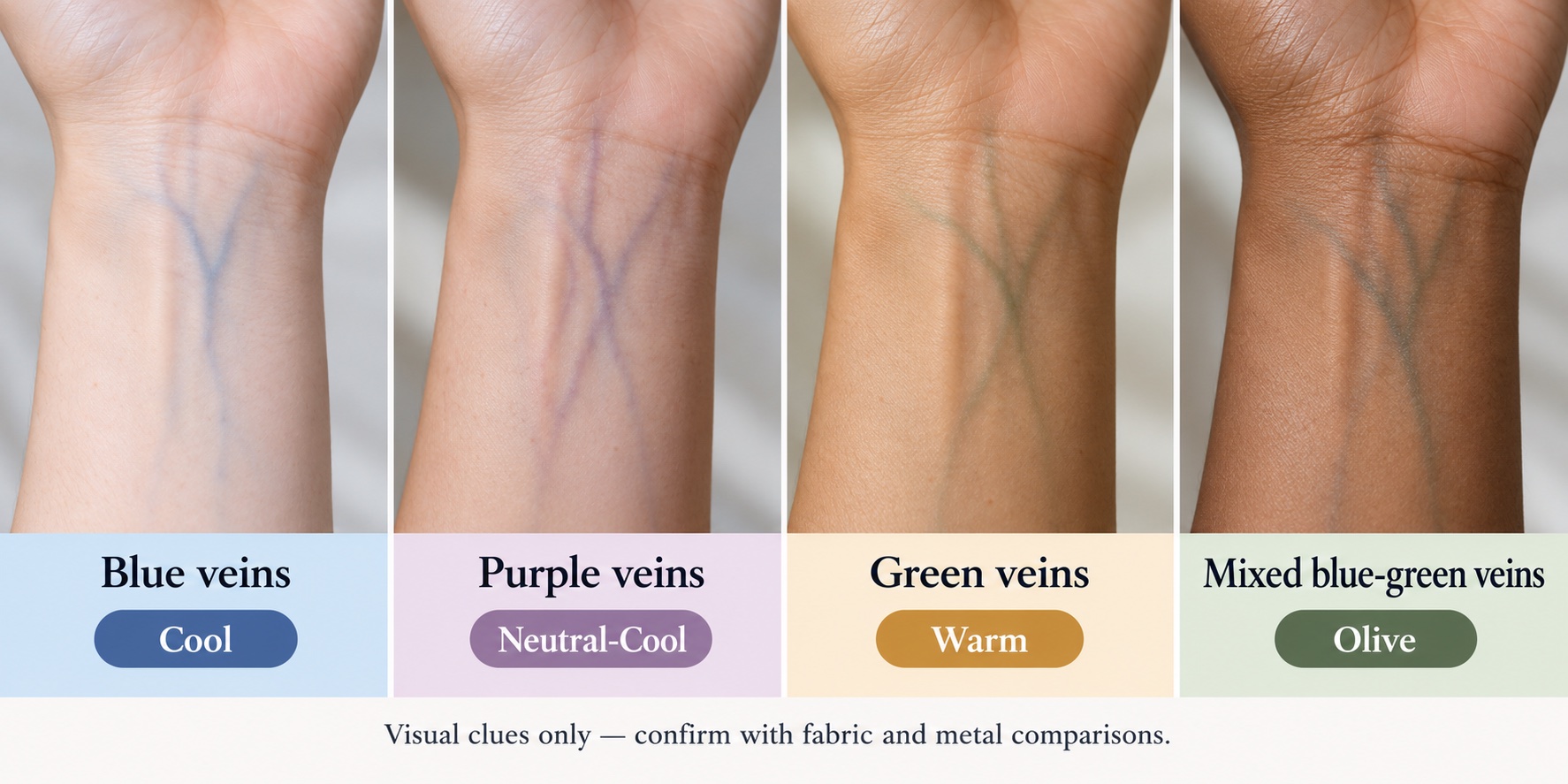 Four-panel daylight chart of blue, purple, green, and mixed blue-green wrist veins with suggested color directions