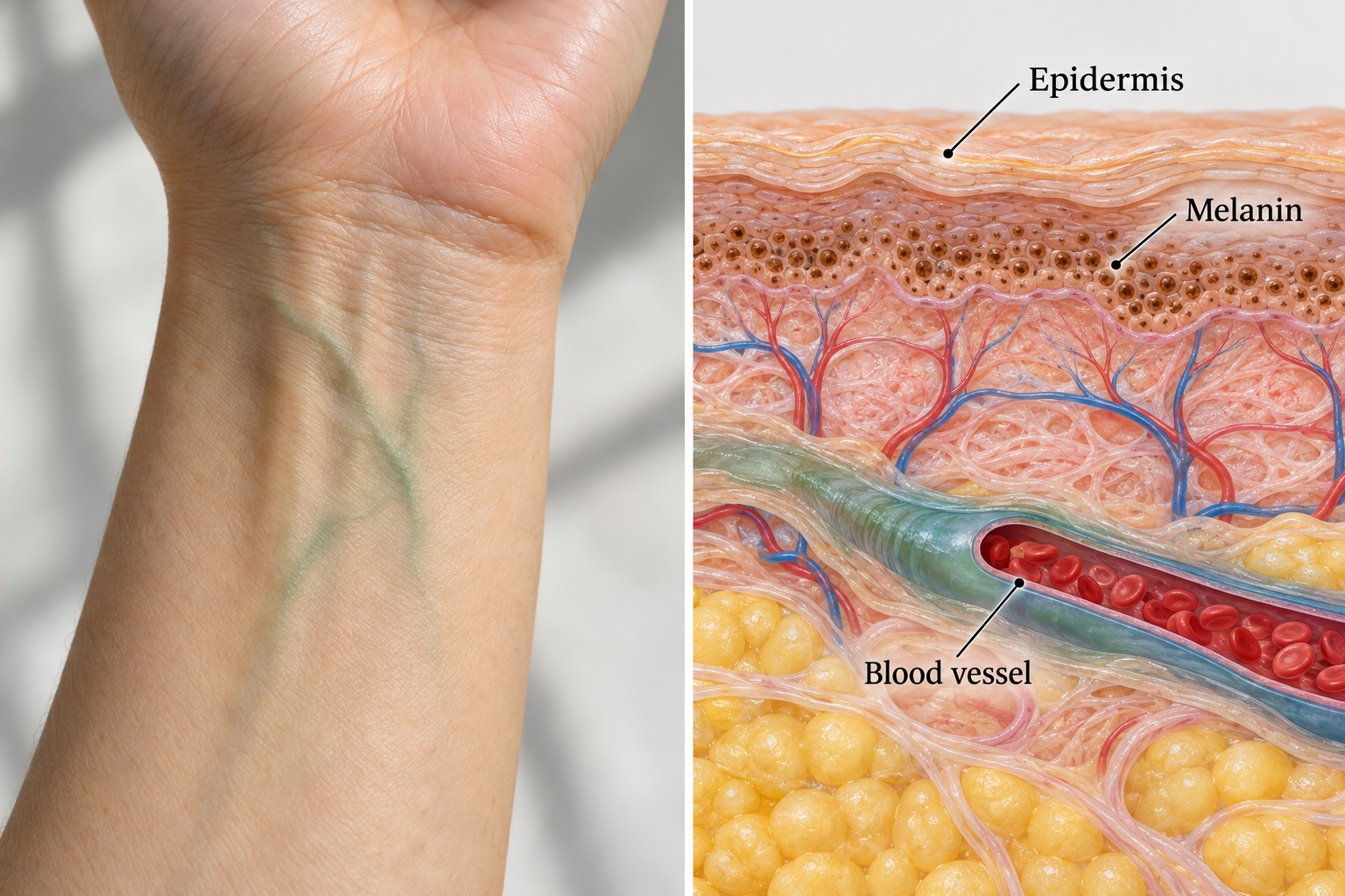 Green-looking wrist veins beside a labeled illustration of epidermis, melanin, and a blood vessel