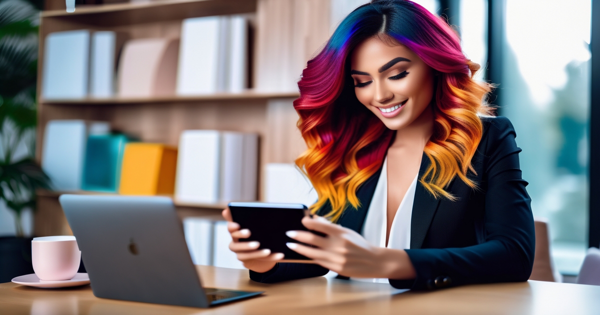 Realistic woman holding smartphone showing virtual hair color try-on simulation