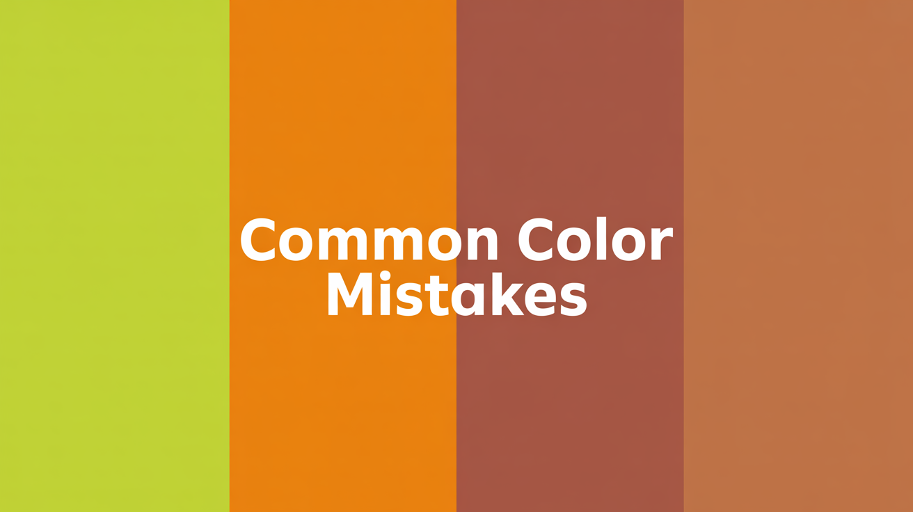 Common color mistakes visualization - split image showing harsh bright neon colors vs gentle muted warm autumn tones, professional design comparison