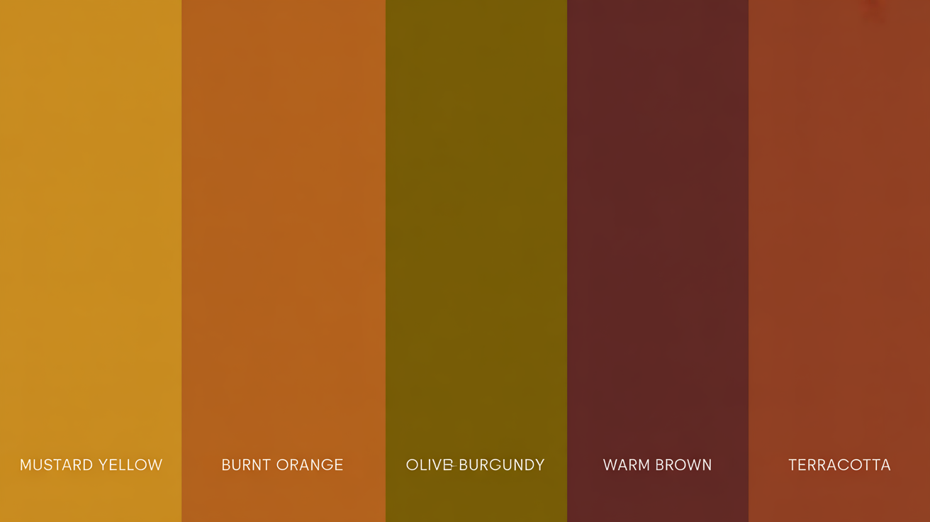 Warm autumn color palette hero image featuring rich earthy tones - mustard yellow, burnt orange, olive green, deep burgundy, warm brown, terracotta arranged in elegant color swatches