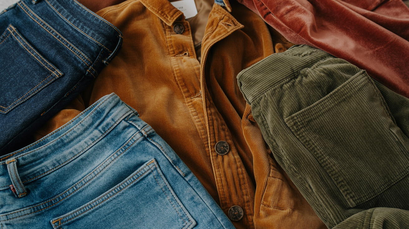 Warm autumn denim options - deep indigo jeans, caramel brown denim jacket, olive green corduroy pants, rust colored velvet fabric arranged stylishly