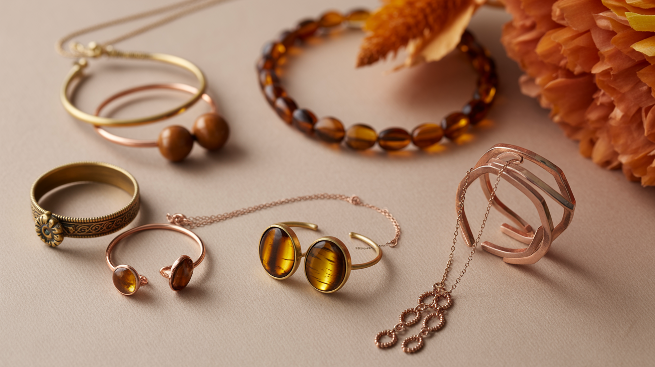 Gold and copper jewelry collection - bronze bracelets, amber necklace, tiger eye earrings, copper rings arranged elegantly for warm autumn styling