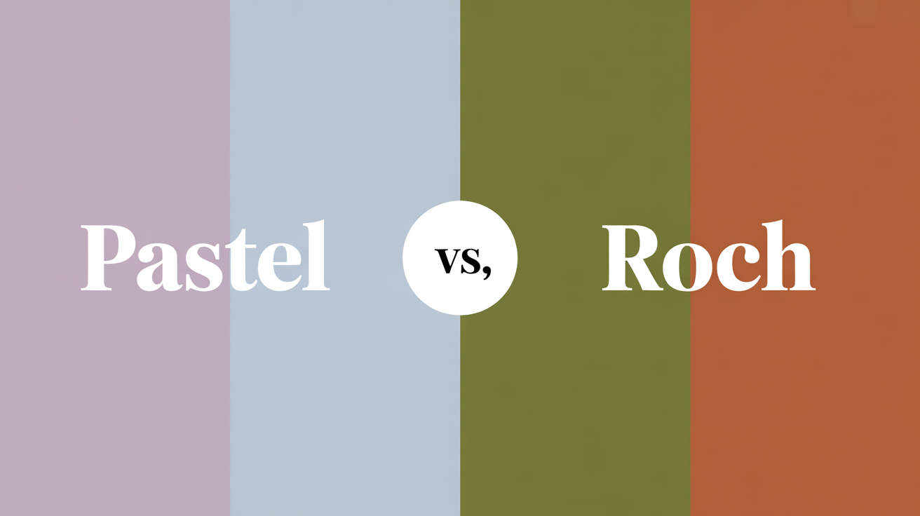 Pastel vs rich colors comparison - pale lavender and powder blue contrasted with moss green and rust orange, showing proper warm autumn alternatives