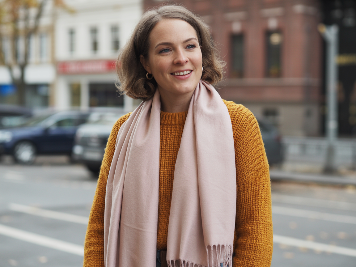 Personal style exploration - woman expressing individual warm autumn style with mix of mustard sweater and soft blush pink scarf, showing personal color adaptation